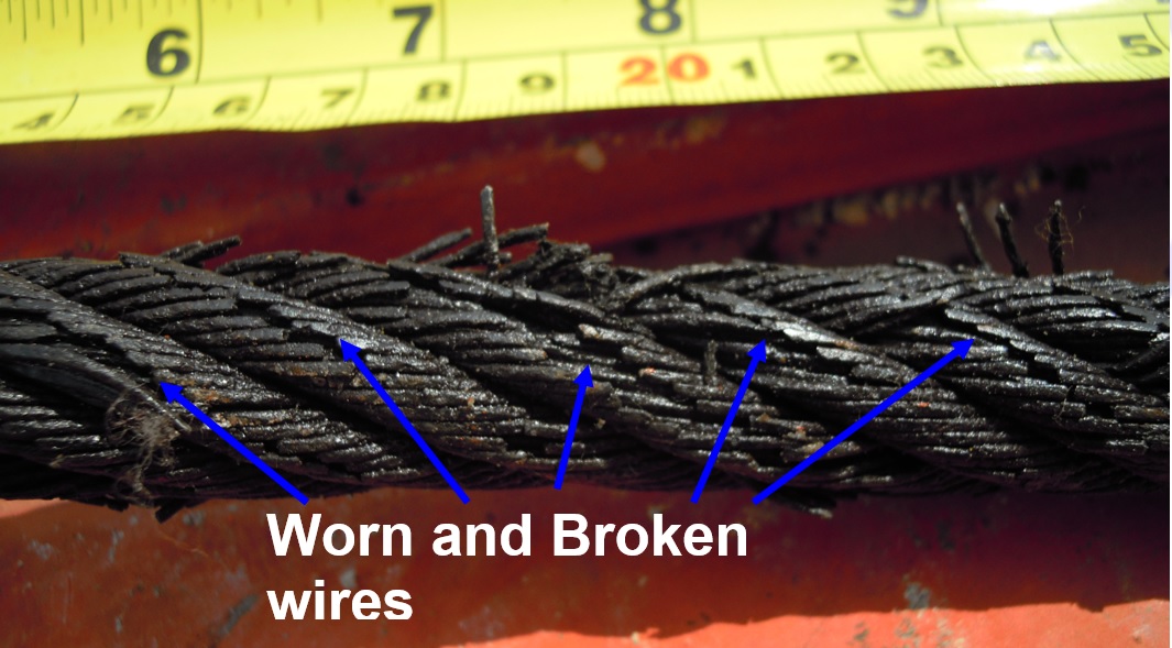 Macroscopic examination on damaged crane wire rope for crane failure analysis or accident investigation